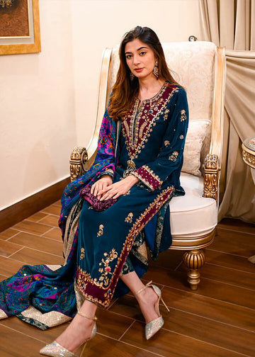 ZAB - Embroidered Velvet Dress with Wool Shawl - zab989